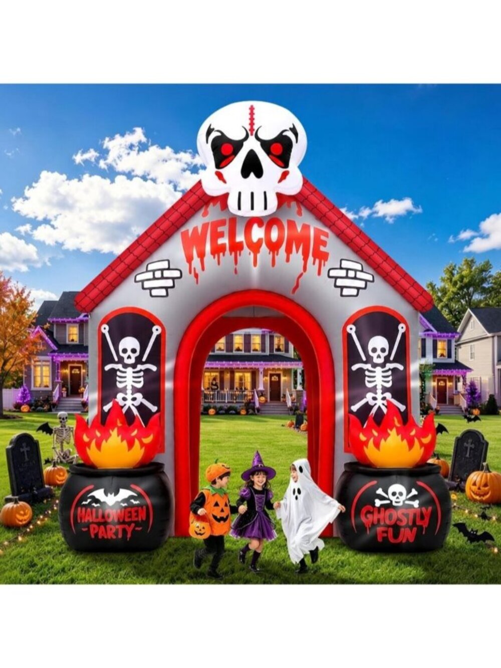 12FT Halloween Skeleton Arch Inflatables Archway Ghost Red Black Skeleton House - Picture 7 of 7